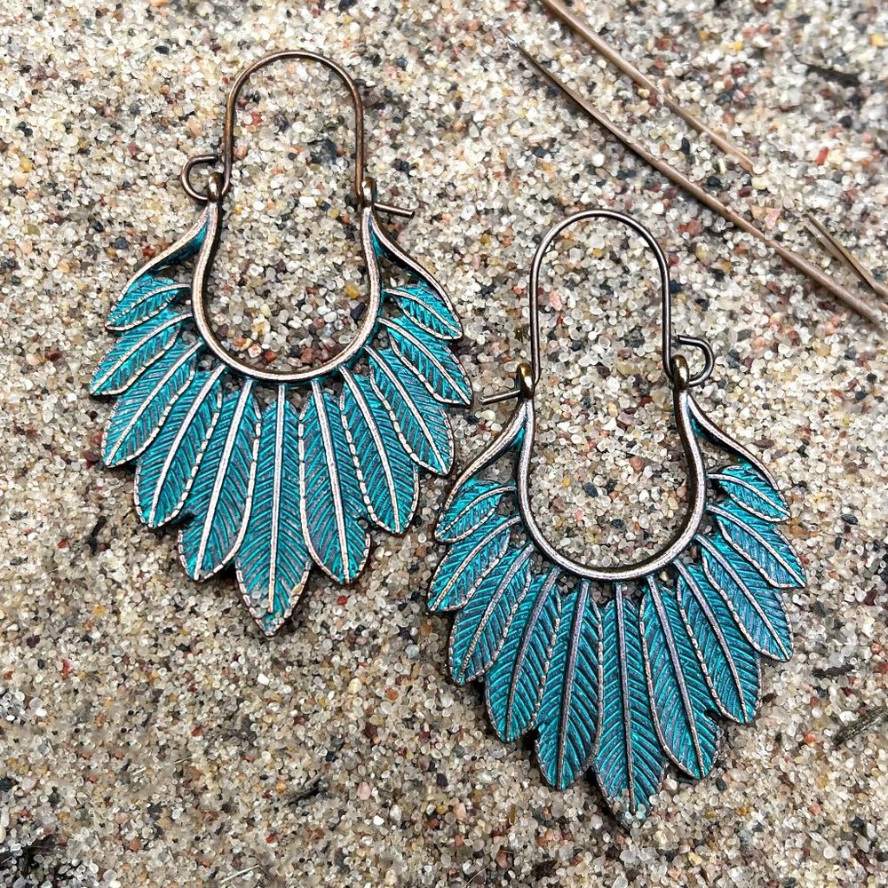 Boho Patina Feather Hoop Earrings - Picture 4 of 4